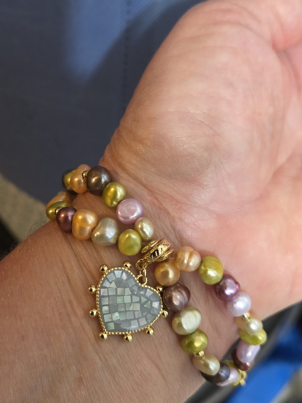 Multi-Color Freshwater Pearl Stretch Bracelet with Gold Heart Charm